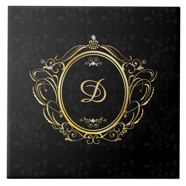 Luxury gold frame monogram black damask back tile (Front)