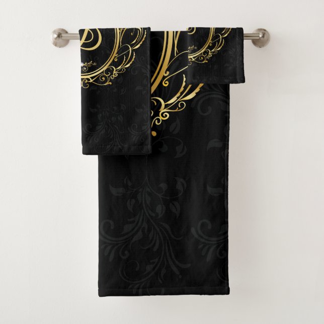 Luxury Gold Frame Monogram Black damask background Bath Towel Set (Insitu)
