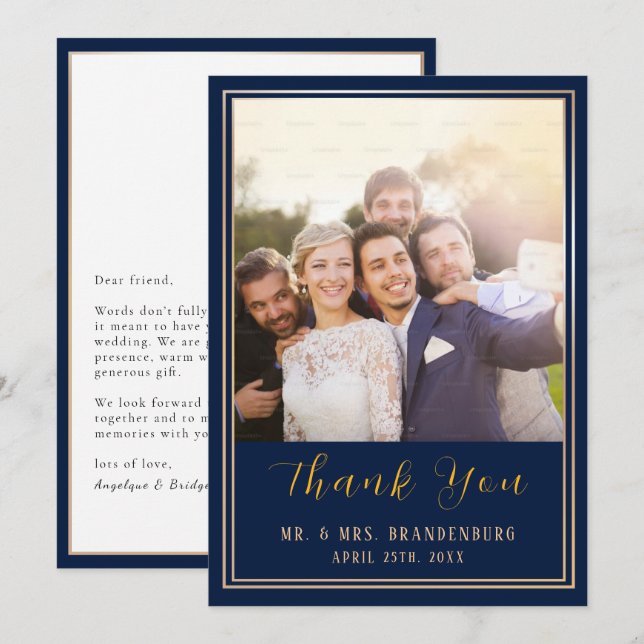 Luxury Gold Frame Photo Navy Blue Thank You Card (Front/Back)