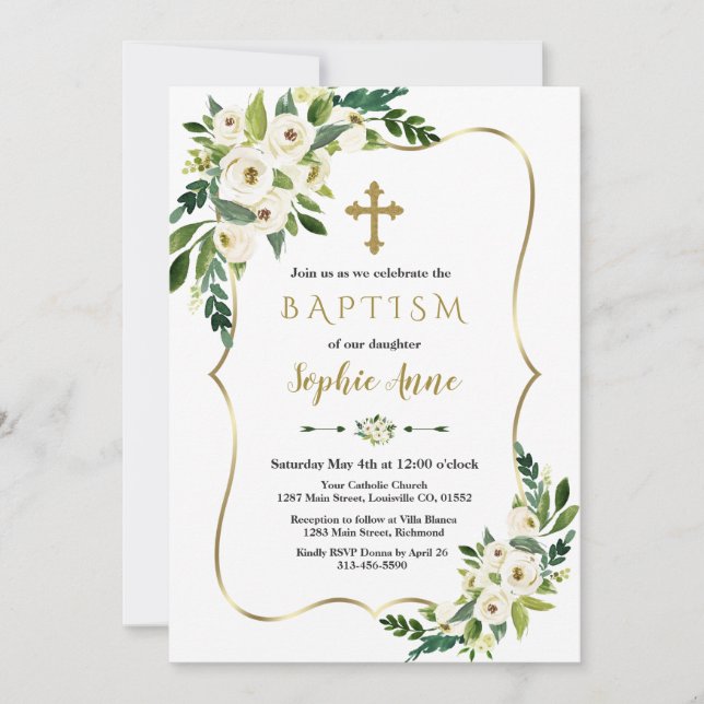 Luxury Gold Frame White Flowers Girl Baptism Invitation (Front)