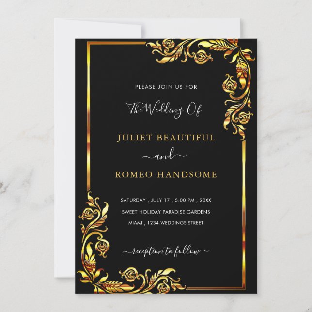 Luxury Gold Framed Wedding Invitation Golden Black (Front)