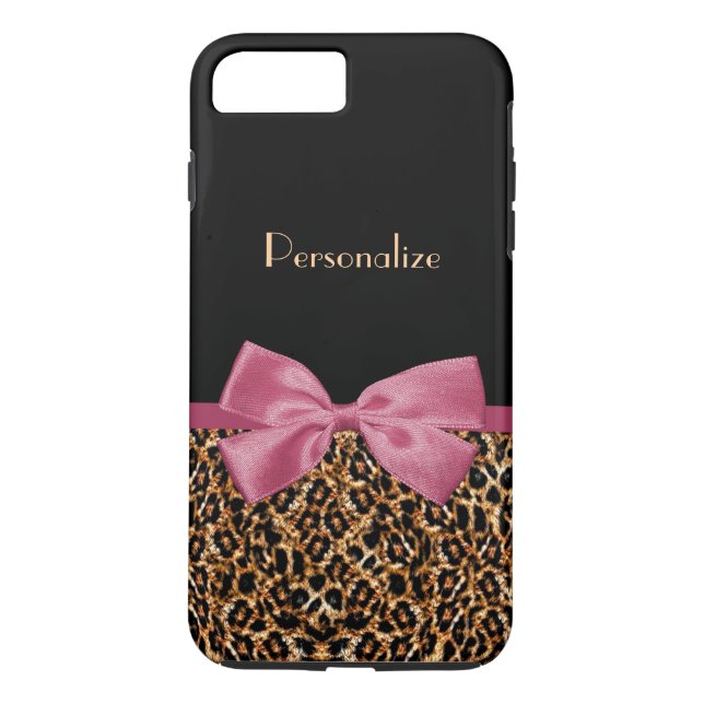 Luxury Gold Fur Leopard Print Mauve Bow With Name Case-Mate iPhone Case (Back)