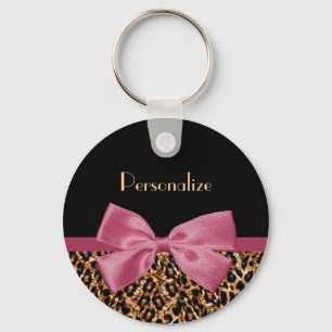 Luxury Gold Fur Leopard Print Mauve Bow With Name Keychain