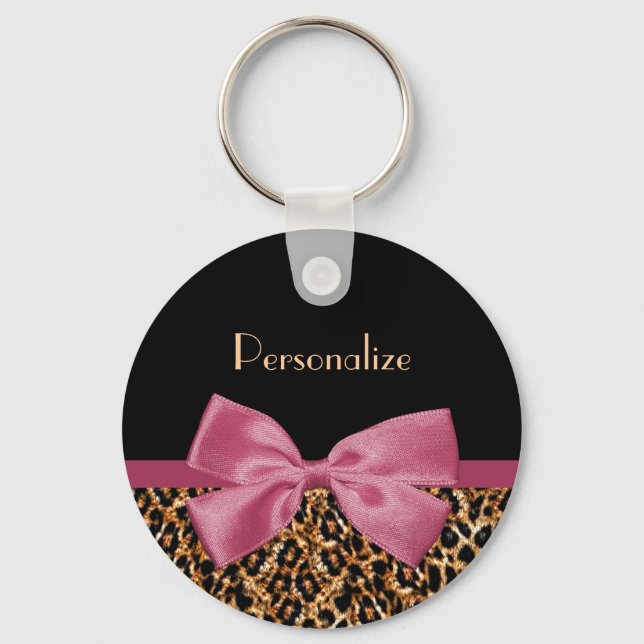 Luxury Gold Fur Leopard Print Mauve Bow With Name Keychain (Front)