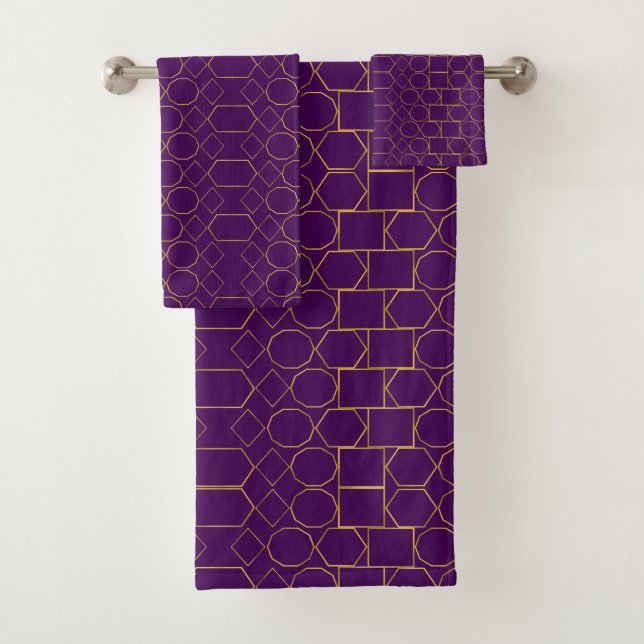 Luxury Gold Geometric on Royal Purple Bath Towel Set (Insitu)