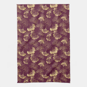 Luxury Gold Ginkgo Burgundy Kitchen Towel