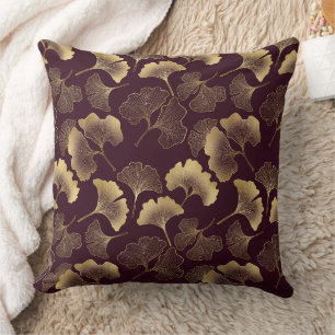 Luxury Gold Ginkgo Burgundy Throw Pillow
