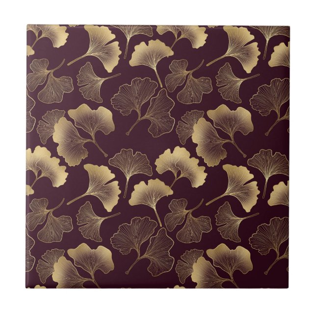 Luxury Gold Ginkgo Burgundy Tile (Front)