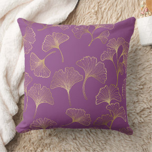 Luxury Gold Ginkgo Leaves on Deep Purple (1) Throw Pillow