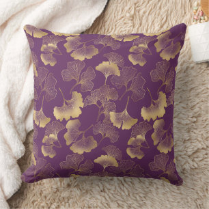 Luxury Gold Ginkgo Leaves on Deep Purple (7) Throw Pillow
