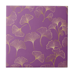 Luxury Gold Ginkgo Leaves on Deep Purple Tile