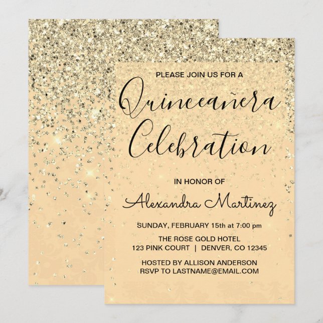 Luxury Gold Girly Glitter Sparkle Quinceanera Invitation (Front/Back)