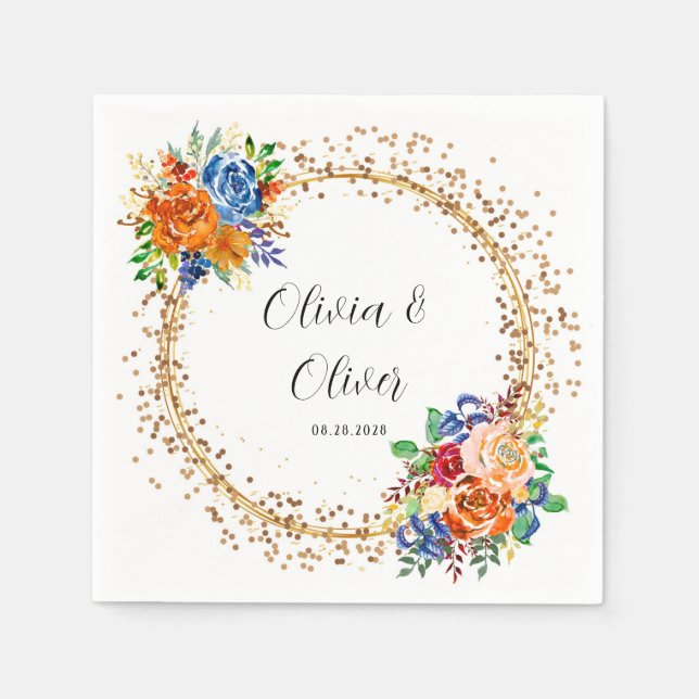 Luxury Gold Glitter and Blue Orange Floral Wedding Napkin (Front)