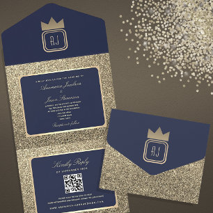 Luxury Gold Glitter and Navy Blue QR Code Wedding All In One Invitation