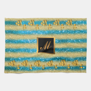 Luxury Gold Glitter Blue Floral Gift Kitchen Towel