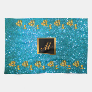 Luxury Gold Glitter Blue Floral Gift Kitchen Towel
