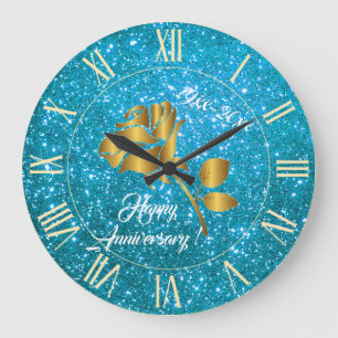 Luxury Gold Glitter Blue Floral Gift Large Clock