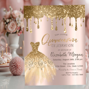 Luxury Gold Glitter Drips Dress Quinceañera  Invitation