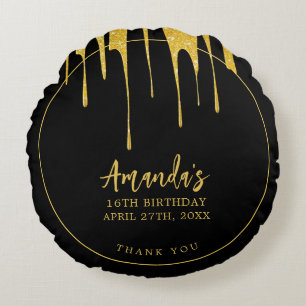 Luxury Gold Glitter Drips Sweet 16 Birthday Round Pillow