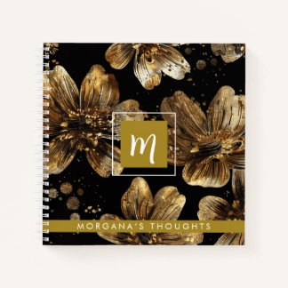 Luxury Gold Glitter Flowers Monogram Square Notebook
