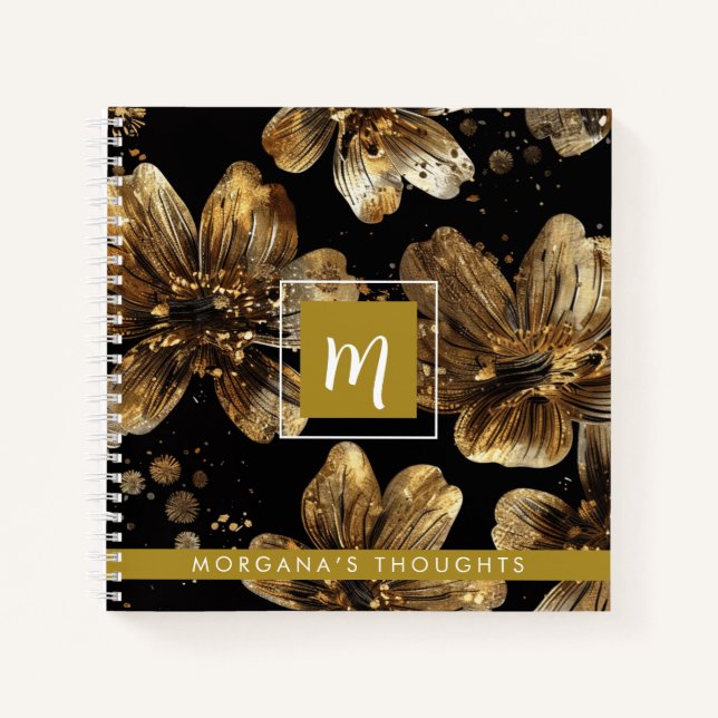 Luxury Gold Glitter Flowers Monogram Square Notebook (Front)