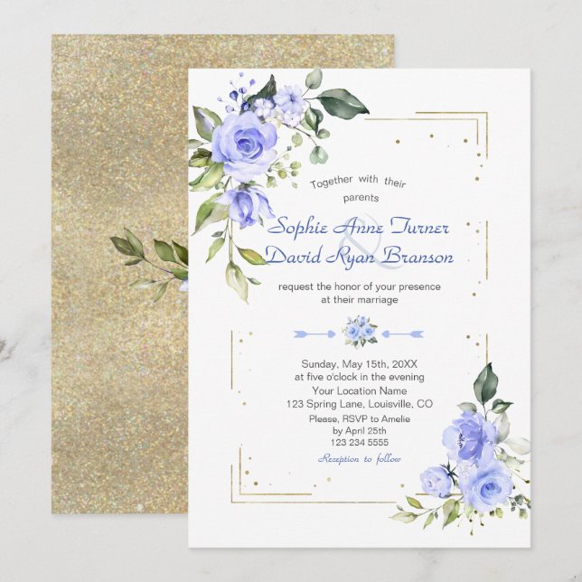 Luxury Gold Glitter Frame Blue Flowers Wedding Invitation (Front/Back)