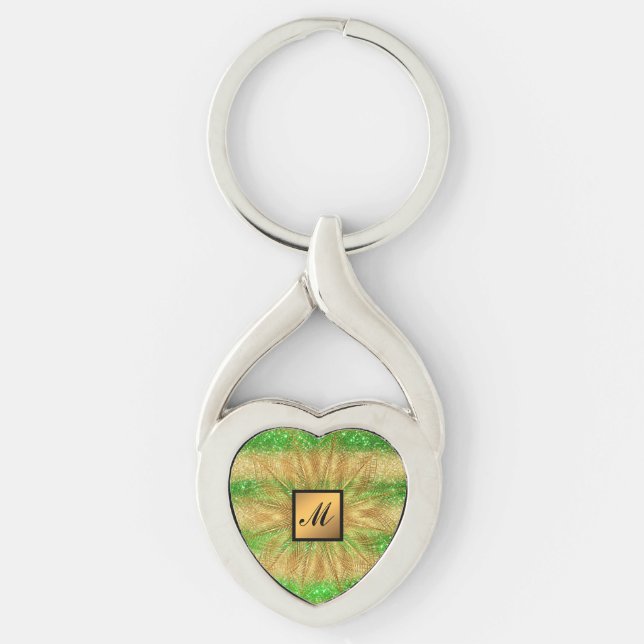 Luxury Gold Glitter Green Monogrammed Gift Keychain (Front)