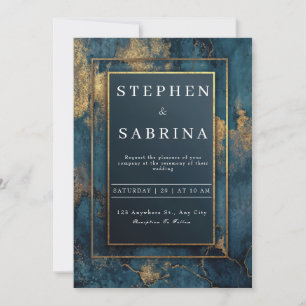 Luxury Gold Glitter Marble Teal Navy Wedding Invitation
