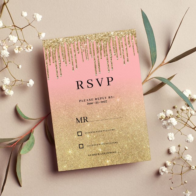 Luxury gold glitter pink ombre drips RSVP  Invitation (Luxury gold glitter pink ombre drips RSVP )
