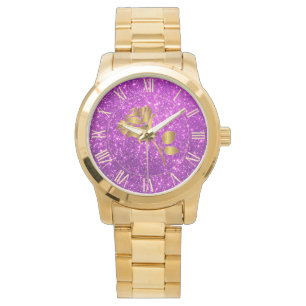 Luxury Gold Glitter Purple Floral Gift Watch
