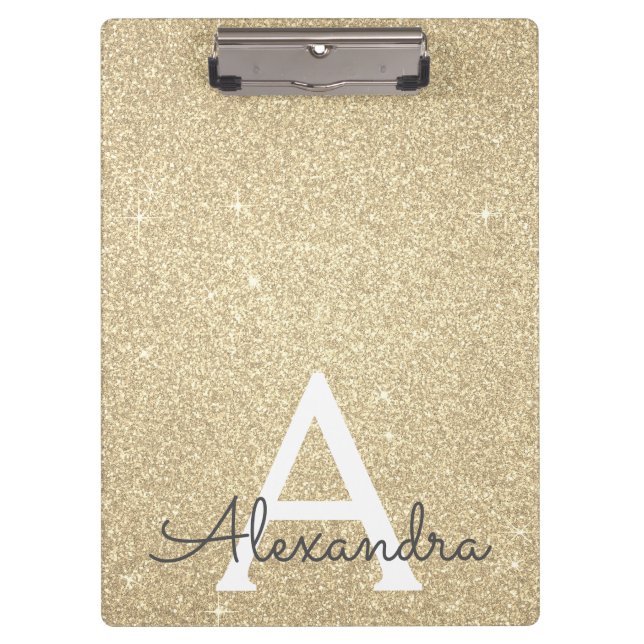 Luxury Gold Glitter & Sparkle Monogram School Clipboard (Front)
