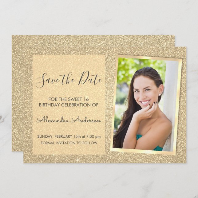 Luxury Gold Glitter Sweet 16 Save the Date Invitation (Front/Back)
