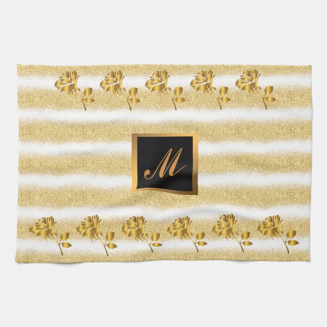Luxury Gold Glitter White Floral Gift Kitchen Towel (Horizontal)