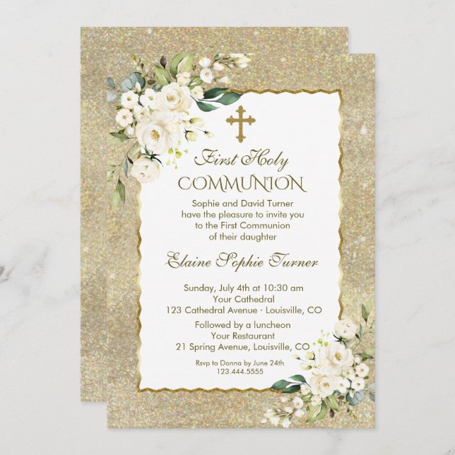 Luxury Gold Glitter White Flowers First Communion Invitation (Front/Back)