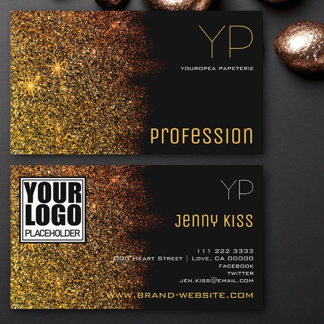 Luxury Gold Glitter with Logo and Monogram Modern Business Card (Creator Uploaded)