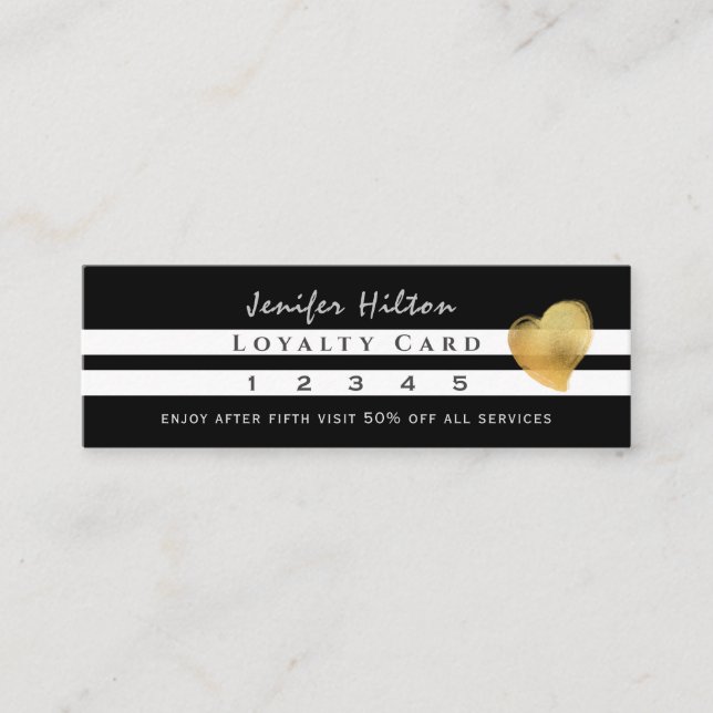 Luxury gold heart black white stripes loyalty card (Front)