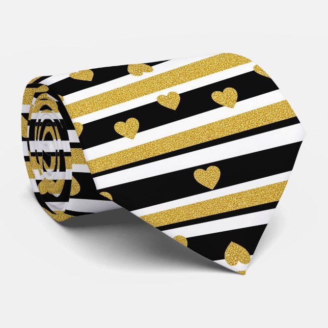 Luxury Gold Hearts Stripe Pattern Tie (Rolled)