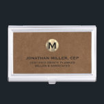 Luxury Gold Initial Logo Brown Leather Business Card Holder<br><div class="desc">Simple modern luxury design with brushed metallic gold initial logo medallion with personalized name,  title,  company name or custom text below in classic block typography on a brown leather textured background. Personalize for your custom use.</div>
