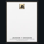Luxury Gold Initials Business Letterhead<br><div class="desc">This luxurious business letterhead features a striking square brushed gold logo medallion featuring two overlapping initials, representing your brand with elegance. The white background is framed with a bold black leather print border, creating a sophisticated look that is perfect for business correspondence. Personalize with your own name and contact information...</div>