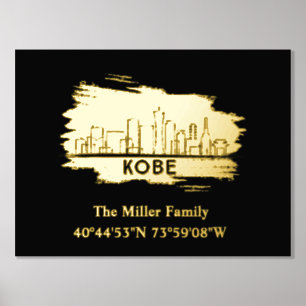 luxury gold Japan skyline longitude latitude Kobe Foil Prints