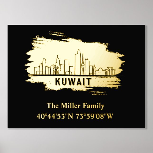 luxury gold Kuwait skyline longitude latitude  Foil Prints (Front)