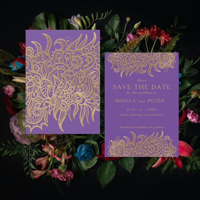 Luxury Gold Lace On Purple Elegant Classic Wedding Save The Date (Creator Uploaded)
