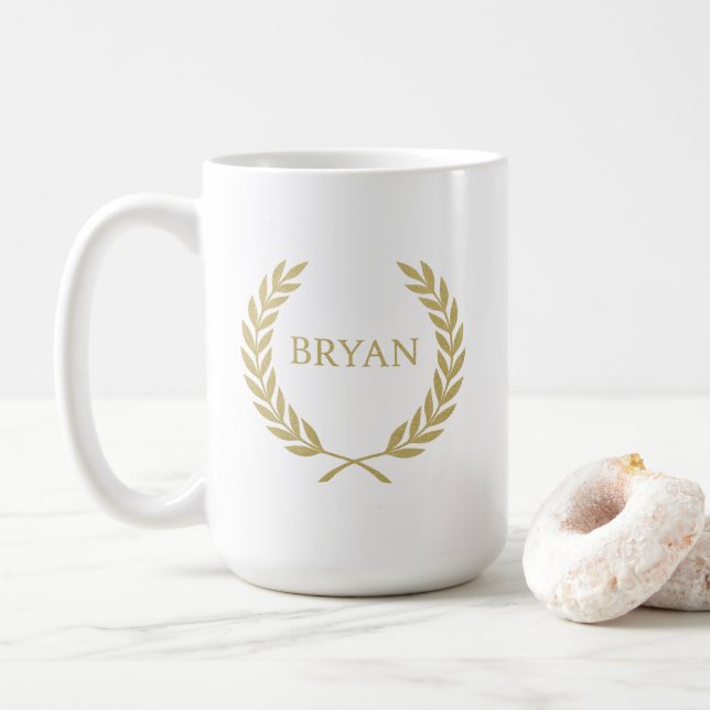 Luxury Gold Laurel Wreath Monogram Coffee Mug (With Donut)