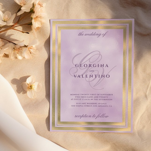 Luxury gold lavender monogram initials wedding invitation (Luxury gold lavender monogram initials wedding)
