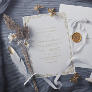 Luxury Gold Leaf Border Minimalist QR Code Wedding Invitation