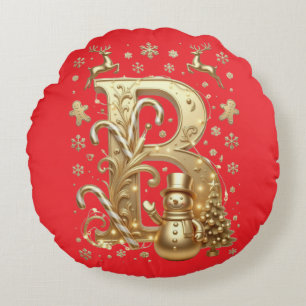 Luxury Gold Letter B Snowman Red Round Pillow