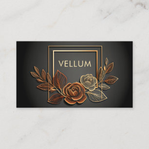 Luxury Gold Line Art Rose Floral Midnight Black Business Card