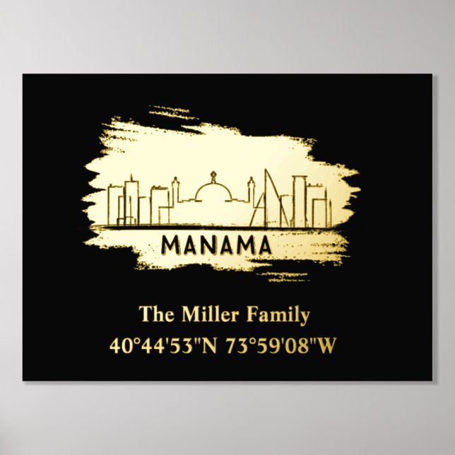 luxury gold Manama skyline longitude latitude  Foil Prints (Front)