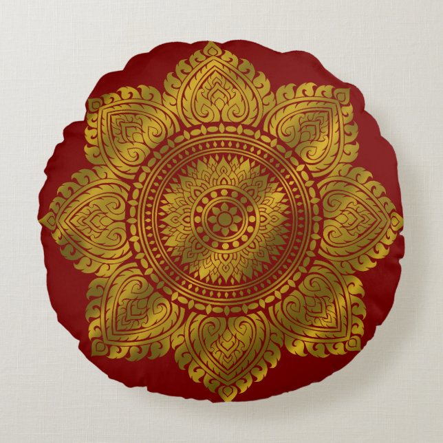 Luxury Gold Mandala Red Throw Pillow (Front)