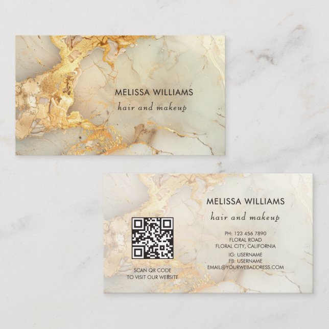 Luxury Gold Marble | QR Code Business Card (Front/Back)